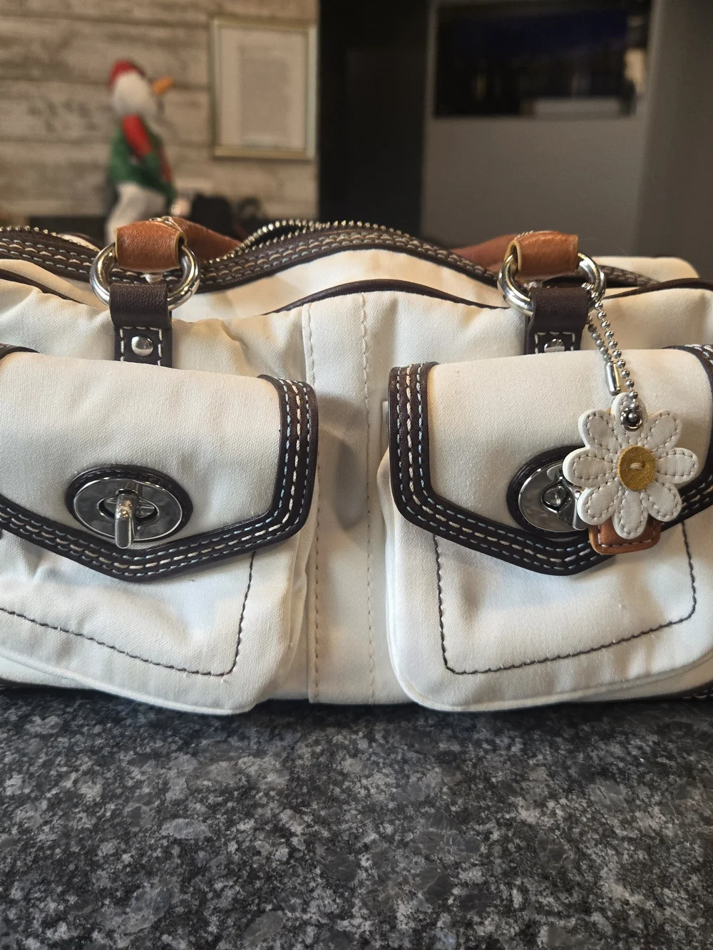 Coach Cream Satchel with Brown Trim and Flower Charm Accent